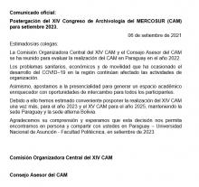 Nota de Postergación del XIV Congreso de Archivología del MERCOSUR